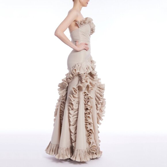 Badgley Mischka | Strapless Pleated Ruffle Taffeta Gown | NWT - Picture 2 of 11